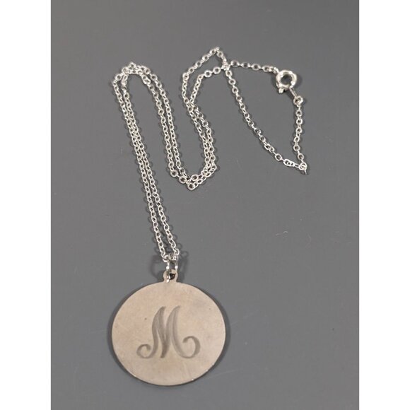 Silver Tone Initial Letter M Etched Round Pendant Necklace Monogram 18 in - Picture 3 of 8